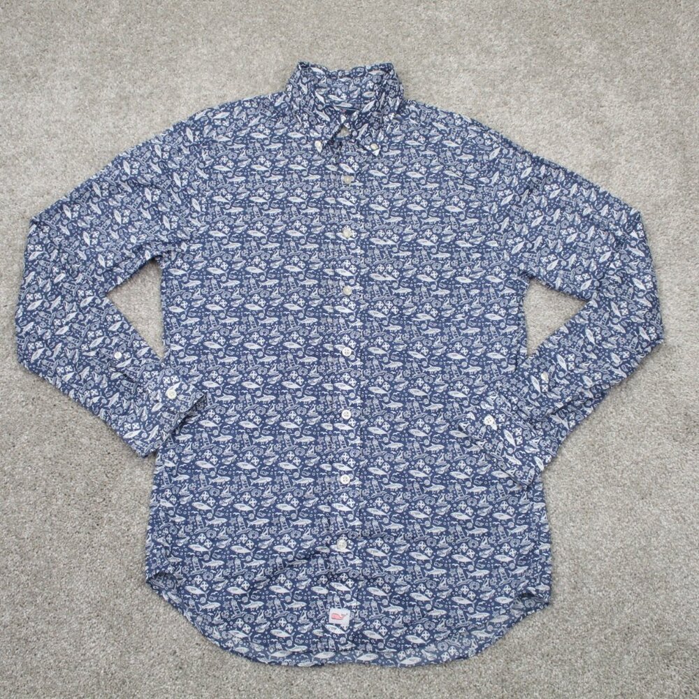 Vineyard Vines AOP Shirt Mens Small Blue Slim Fit Murray Fish Print All Over L/S